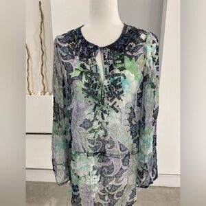 Cache Navy and Mint Sheer Blouse
